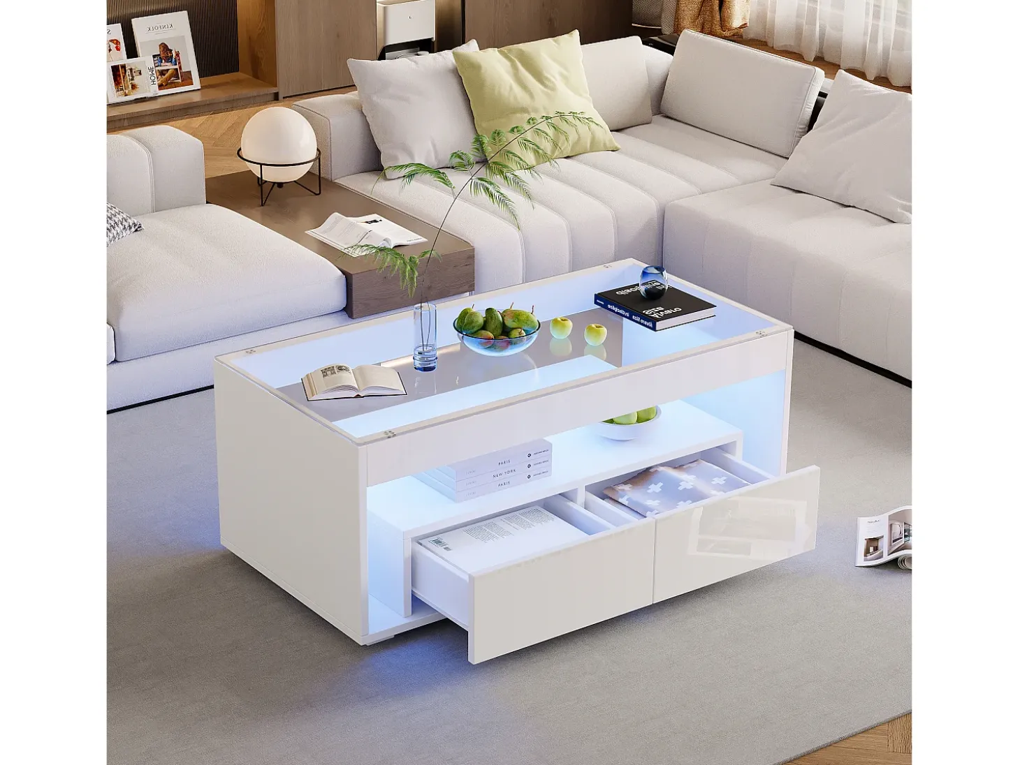Mesa de centro brilhante 100x50x40 cm - com 2 gavetas - com iluminação LED - Tampos de vidro - Branco