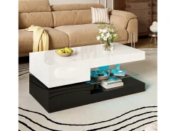 Mesa de centro brilhante 90×45×35,5 cm - com iluminação LED - prateleira de vidro - painel de partículas - branco + preto