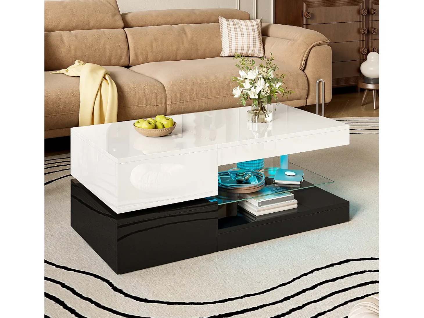 Mesa de centro brilhante 90×45×35,5 cm - com iluminação LED - prateleira de vidro - painel de partículas - branco + preto