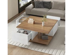 Mesa de centro brilhante - 70 x 70 x 31,5 cm - com 3 gavetas - mesa de sofá - aglomerado - branco