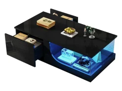 Mesa de centro brilhante - 100 x 50 x 30 cm - com 2 gavetas + LEDs - base de vidro temperado - MDF - preto