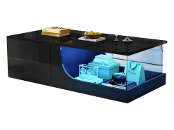 Mesa de centro brilhante - 100 x 50 x 30 cm - com 2 gavetas + LEDs - base de vidro temperado - MDF - preto
