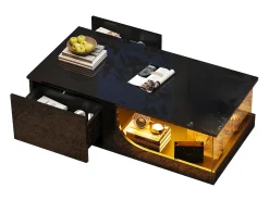 Mesa de centro brilhante - 100 x 50 x 30 cm - com 2 gavetas + LEDs - base de vidro temperado - MDF - preto