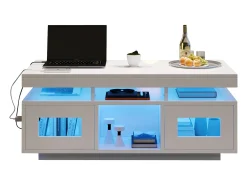 Mesa de centro brilhante - 100 x 50 x 43 cm - com LEDs + 2 portas + porta de carregamento e tomada - aglomerado - branco
