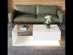 Mesa de centro brilhante - 105 x 55 x 32,5 cm - Mesas laterais com vidro + LEDs + 1 gaveta - aglomerado - branco