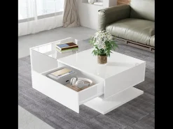 Mesa de centro brilhante - 105 x 55 x 32,5 cm - Mesas laterais com vidro + LEDs + 1 gaveta - aglomerado - branco