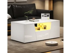 Mesa de centro brilhante - 100 x 50 x 40 cm - com LEDs + 2 portas + 1 gaveta - aglomerado - branco