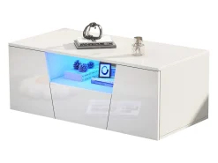 Mesa de centro brilhante - 100 x 50 x 40 cm - com LEDs + 2 portas + 1 gaveta - aglomerado - branco