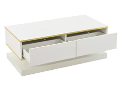 Mesa de centro brilhante 100×50×38 cm - 2 gavetas - acabamento dourado - painel de partículas - branco