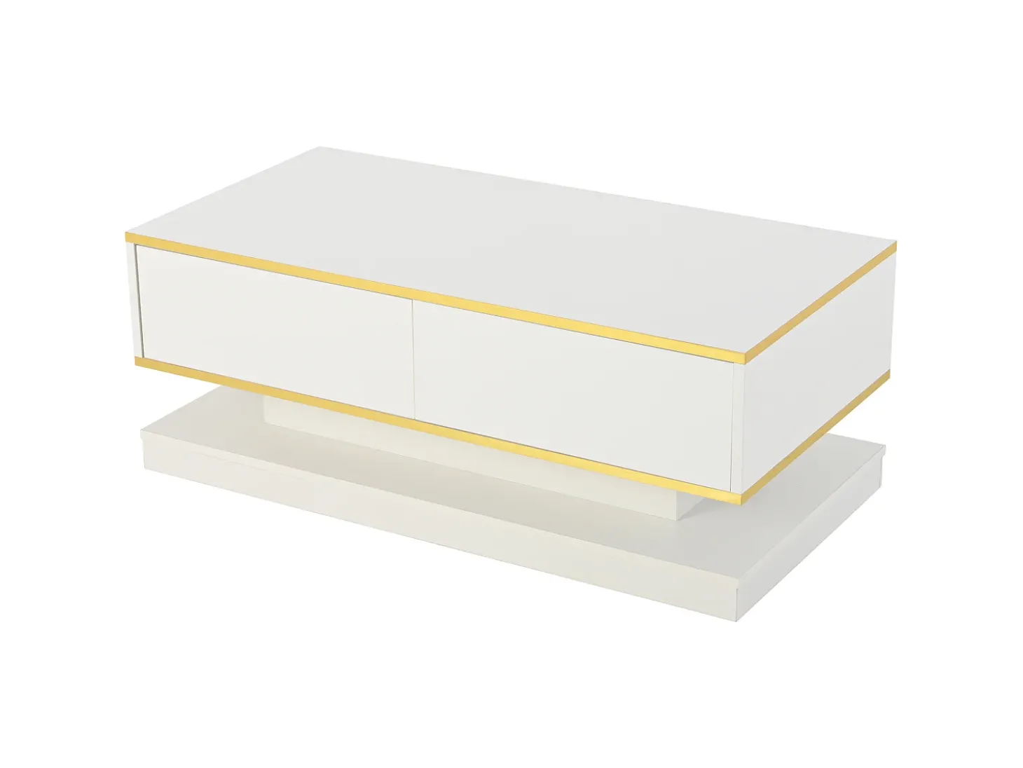 Mesa de centro brilhante 100×50×38 cm - 2 gavetas - acabamento dourado - painel de partículas - branco