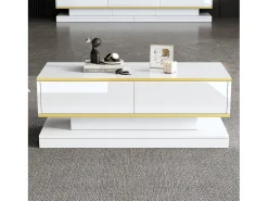 Mesa de centro brilhante 100×50×38 cm - 2 gavetas - acabamento dourado - painel de partículas - branco