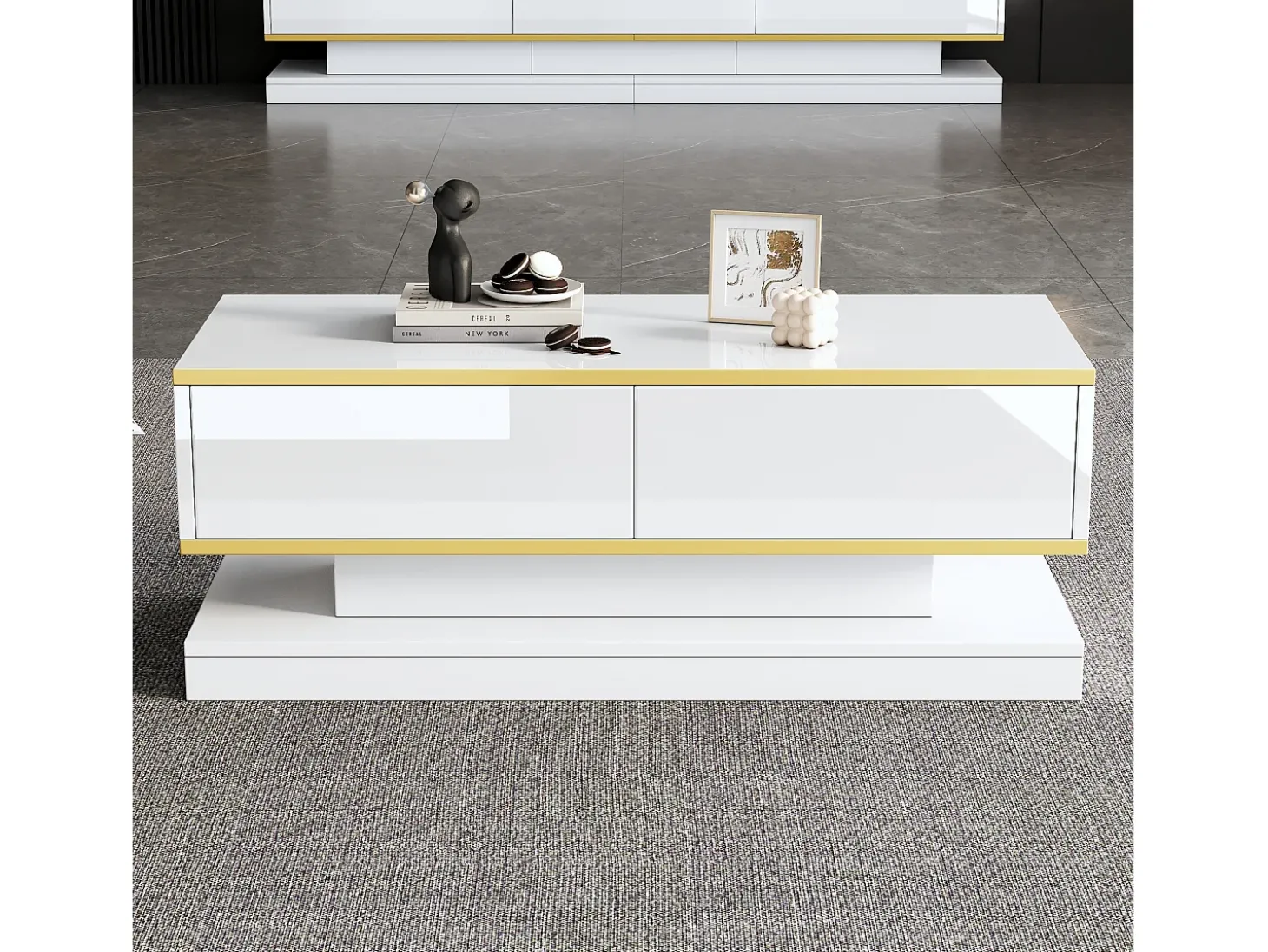 Mesa de centro brilhante 100×50×38 cm - 2 gavetas - acabamento dourado - painel de partículas - branco