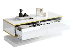 Mesa de centro brilhante 100×50×38 cm - 2 gavetas - acabamento dourado - painel de partículas - branco