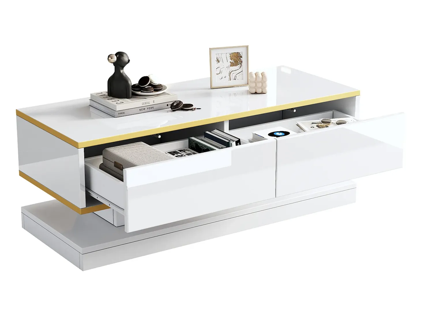Mesa de centro brilhante 100×50×38 cm - 2 gavetas - acabamento dourado - painel de partículas - branco