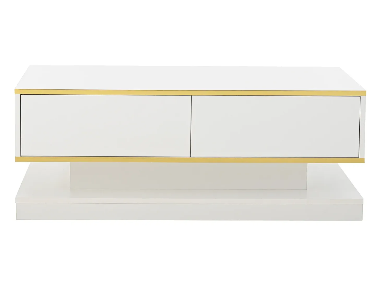 Mesa de centro brilhante 100×50×38 cm - 2 gavetas - acabamento dourado - painel de partículas - branco