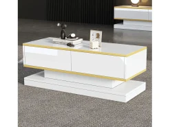 Mesa de centro brilhante 100×50×38 cm - 2 gavetas - acabamento dourado - painel de partículas - branco