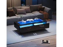 Mesa de centro brilhante - 100 x 50 x 35 cm - com 2 gavetas + LEDs - tampo de vidro - aglomerado - preto