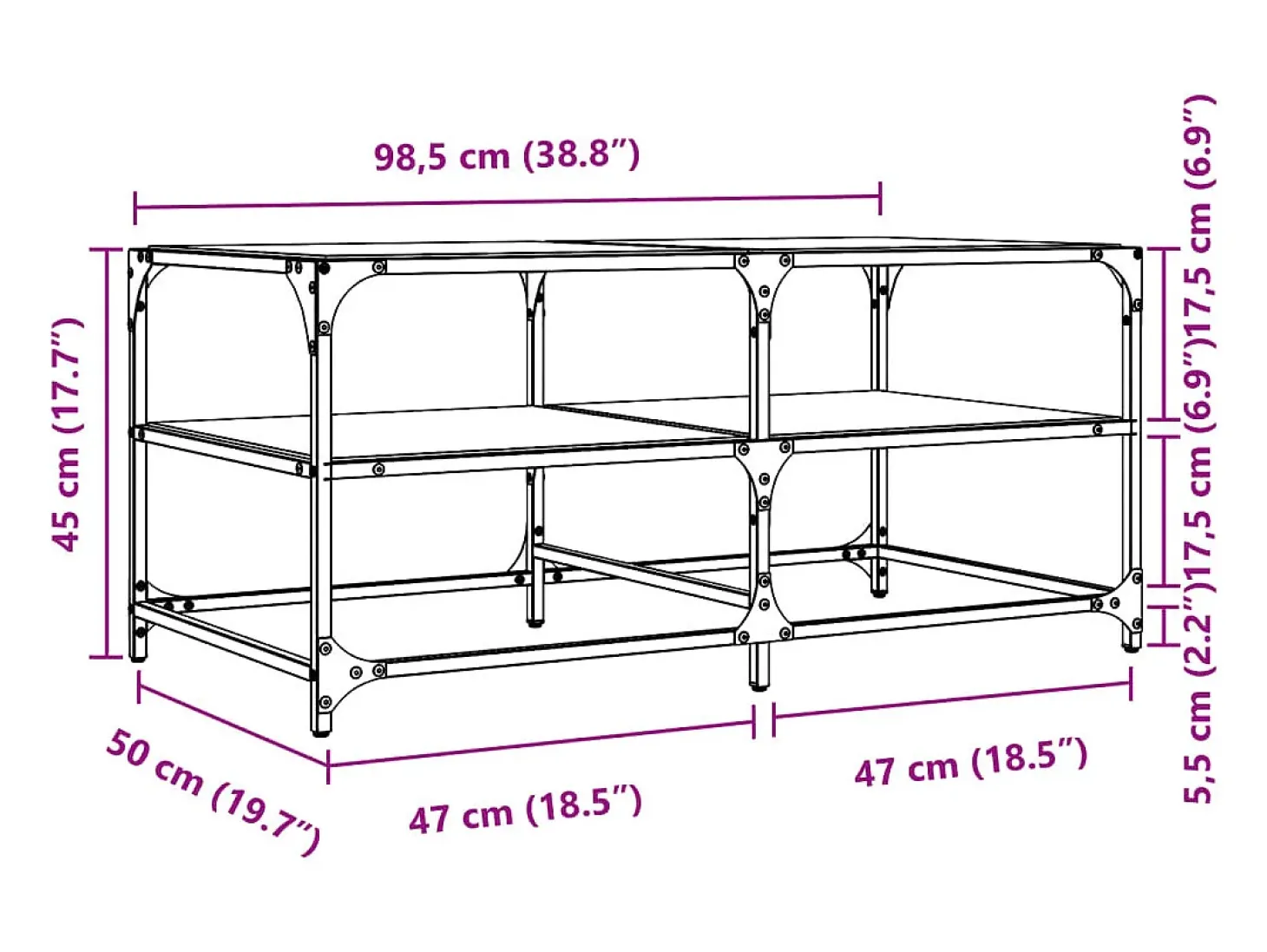 Mesa de centro c/ topo em vidro transparente 98,5x50x45 cm aço