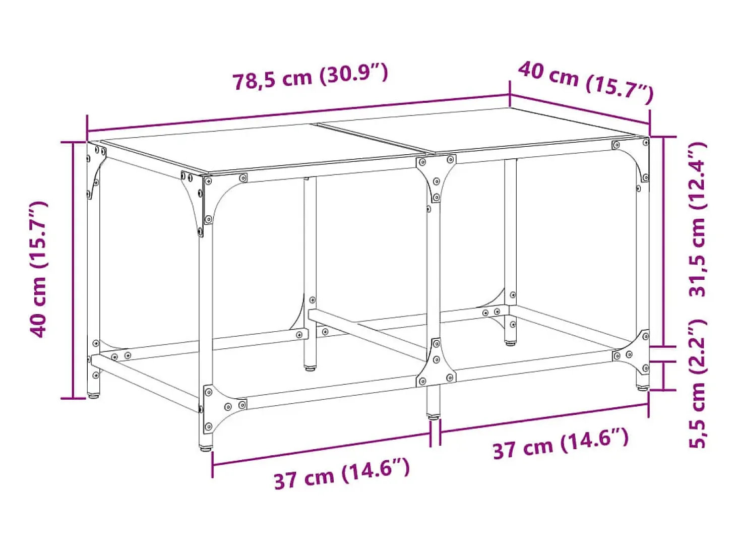 Mesa de centro c/ topo em vidro transparente 78,5x40x40 cm aço