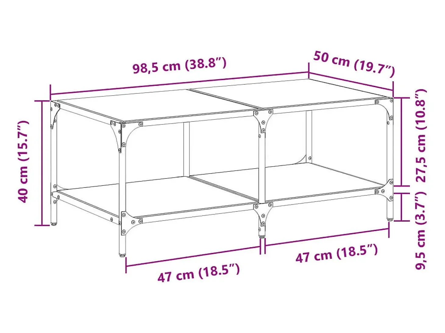 Mesa de centro c/ topo em vidro transparente 98,5x50x40 cm aço