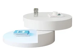 Mesa de centro cilíndrica rotativa 70×70×35,5 cm - Tampos giratórios 360° - com iluminação LED - branco