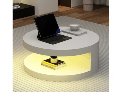 Mesa de centro cilíndrica rotativa 70×70×35,5 cm - Tampos giratórios 360° - com iluminação LED - branco