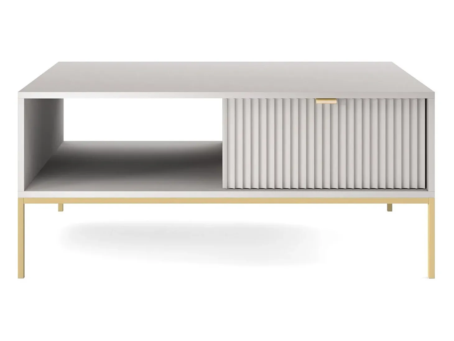 Mesa de centro: cinza, dourado, 104 x 46 x 68 cm, puxadores dourados