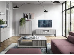 Mesa de centro: cinza, preta, 104 x 46 x 68 cm, puxadores dourados