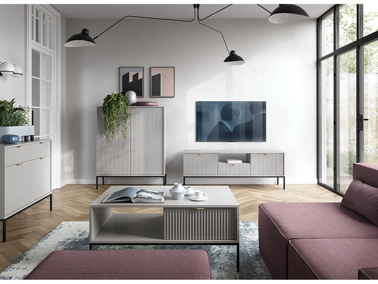 Mesa de centro: cinza, preta, 104 x 46 x 68 cm, puxadores dourados