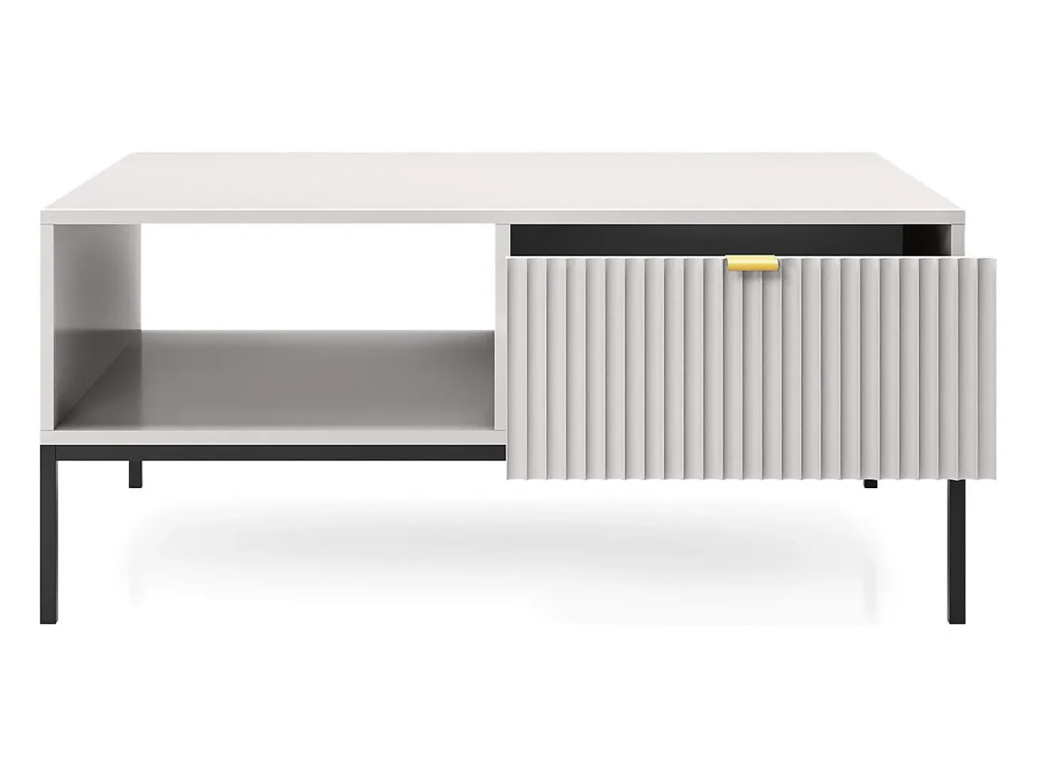 Mesa de centro: cinza, preta, 104 x 46 x 68 cm, puxadores dourados