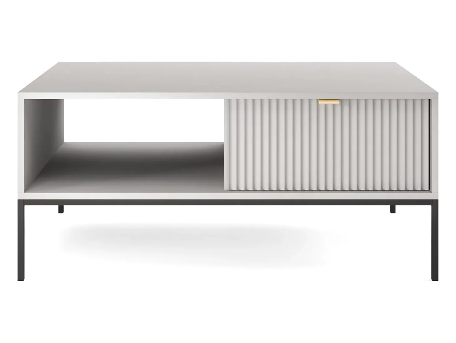 Mesa de centro: cinza, preta, 104 x 46 x 68 cm, puxadores dourados