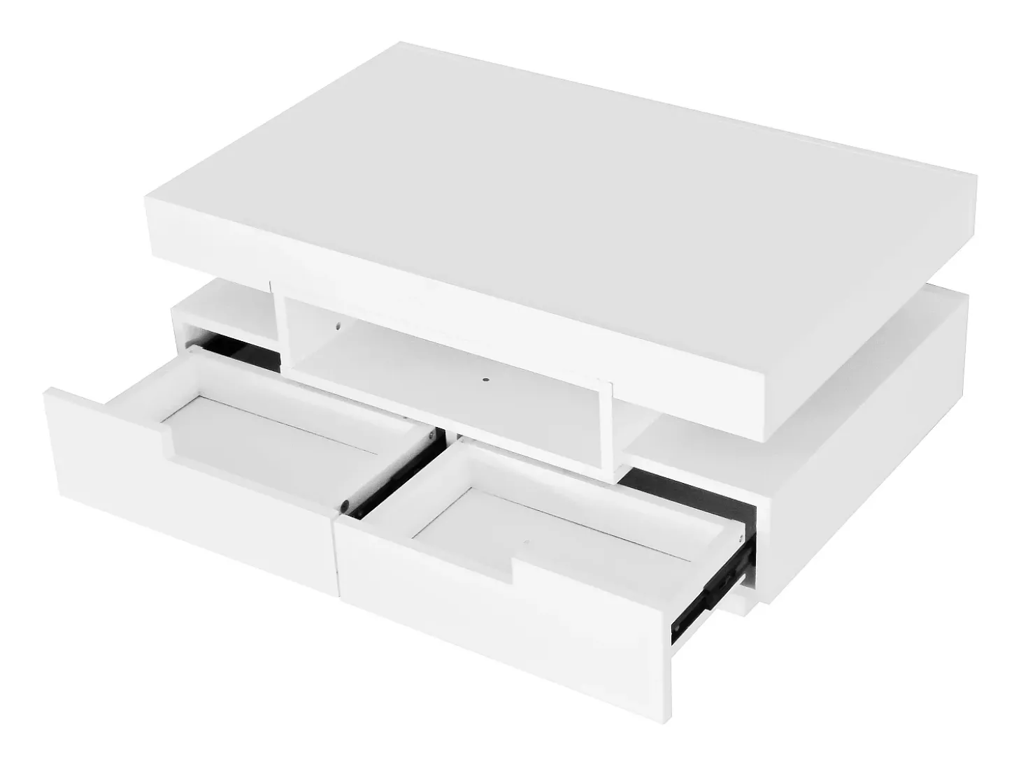 Mesa de centro com 3 compartimentos abertos e 4 gavetas, superfície lacada a preto