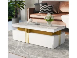 Mesa de centro com 2 gavetas - placa estampada em mármore - estilo escandinavo - Branco