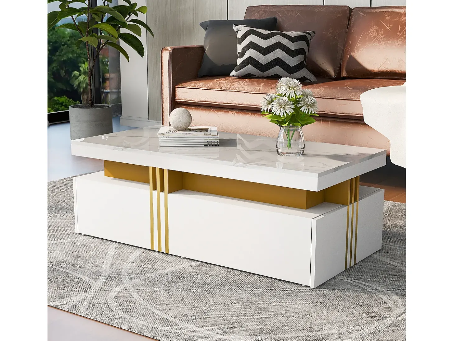 Mesa de centro com 2 gavetas - placa estampada em mármore - estilo escandinavo - Branco
