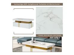 Mesa de centro com 2 gavetas - placa estampada em mármore - estilo escandinavo - Branco