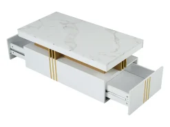Mesa de centro com 2 gavetas - placa estampada em mármore - estilo escandinavo - Branco