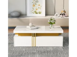 Mesa de centro com 2 gavetas - placa estampada em mármore - estilo escandinavo - Branco