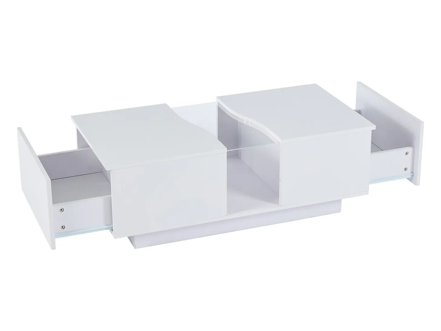Mesa de centro com 2 gavetas e LED, em MDF e acrílico, lacado branco brilhante