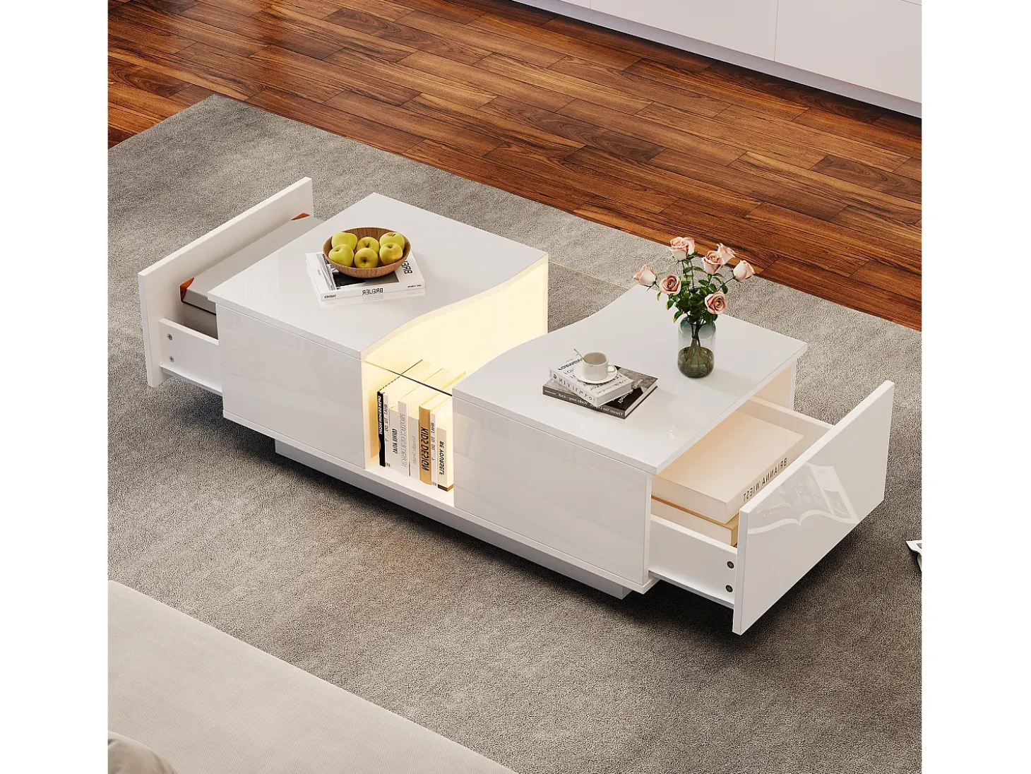 Mesa de centro com 2 gavetas e LED, em MDF e acrílico, lacado branco brilhante