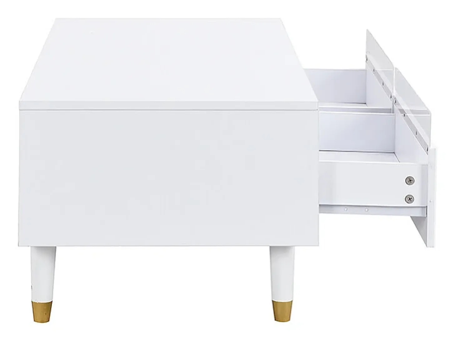 Mesa de centro com 2 gavetas onduladas e iluminação LED - Branca e dourada