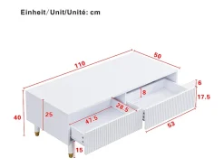Mesa de centro com 2 gavetas onduladas e iluminação LED - Branca e dourada