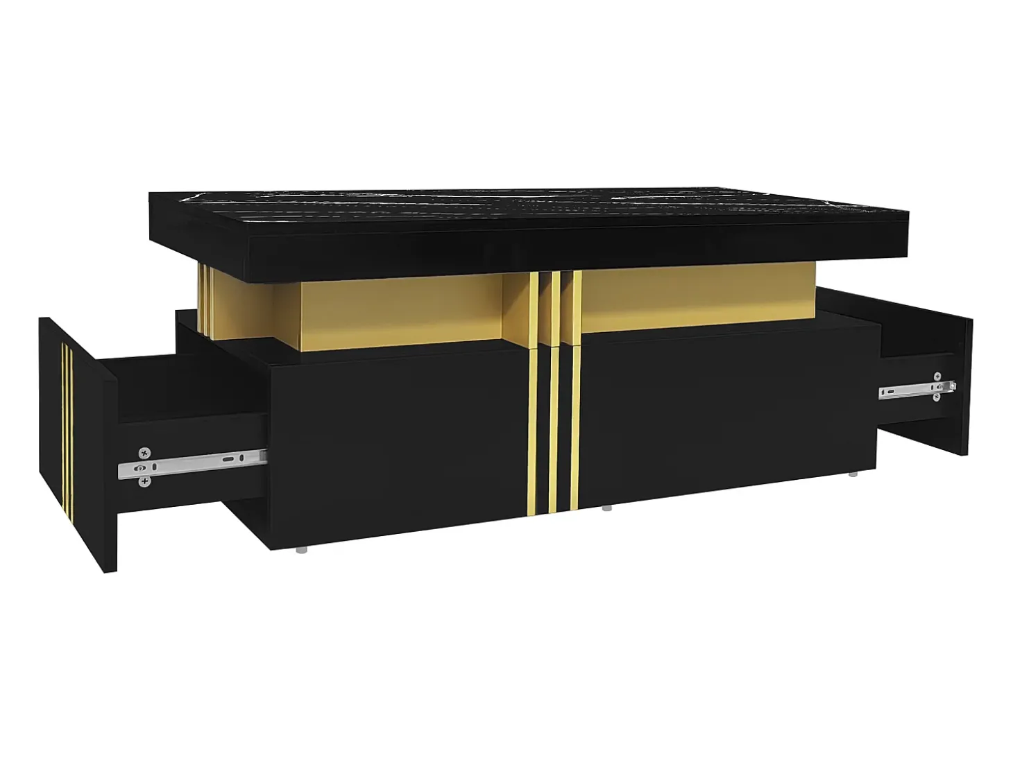 Mesa de centro com 2 gavetas - placa estampada em mármore - estilo escandinavo - preto