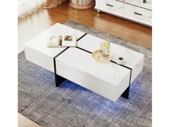 Mesa de centro com 3 gavetas 100x50 cm, iluminação LED Bluetooth, tampo em folheado de mármore branco