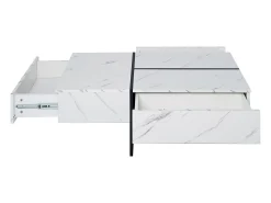 Mesa de centro com 3 gavetas 100x50 cm, iluminação LED Bluetooth, tampo em folheado de mármore branco