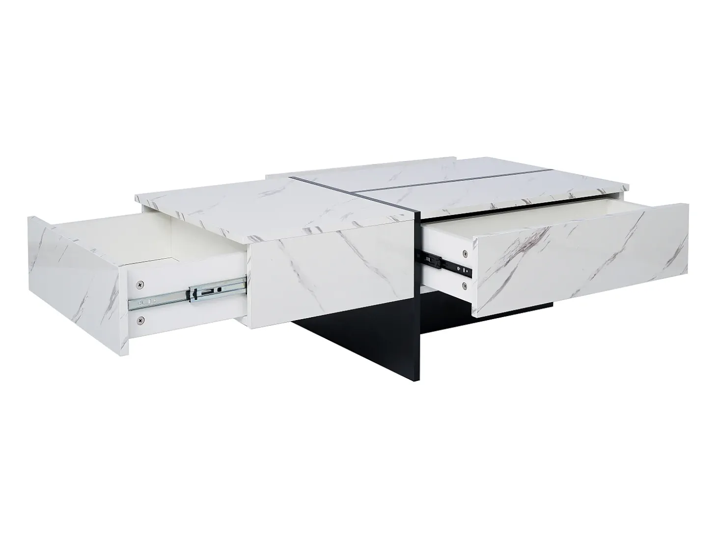Mesa de centro com 3 gavetas 100x50 cm, iluminação LED Bluetooth, tampo em folheado de mármore branco
