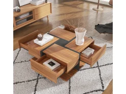 Mesa de centro com 4 gavetas, design exclusivo de cores e linhas, espaço para armazenamento. 78x78x36cm
