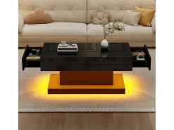Mesa de centro com 2 gavetas e iluminação LED - Acabamento brilhante - Preto