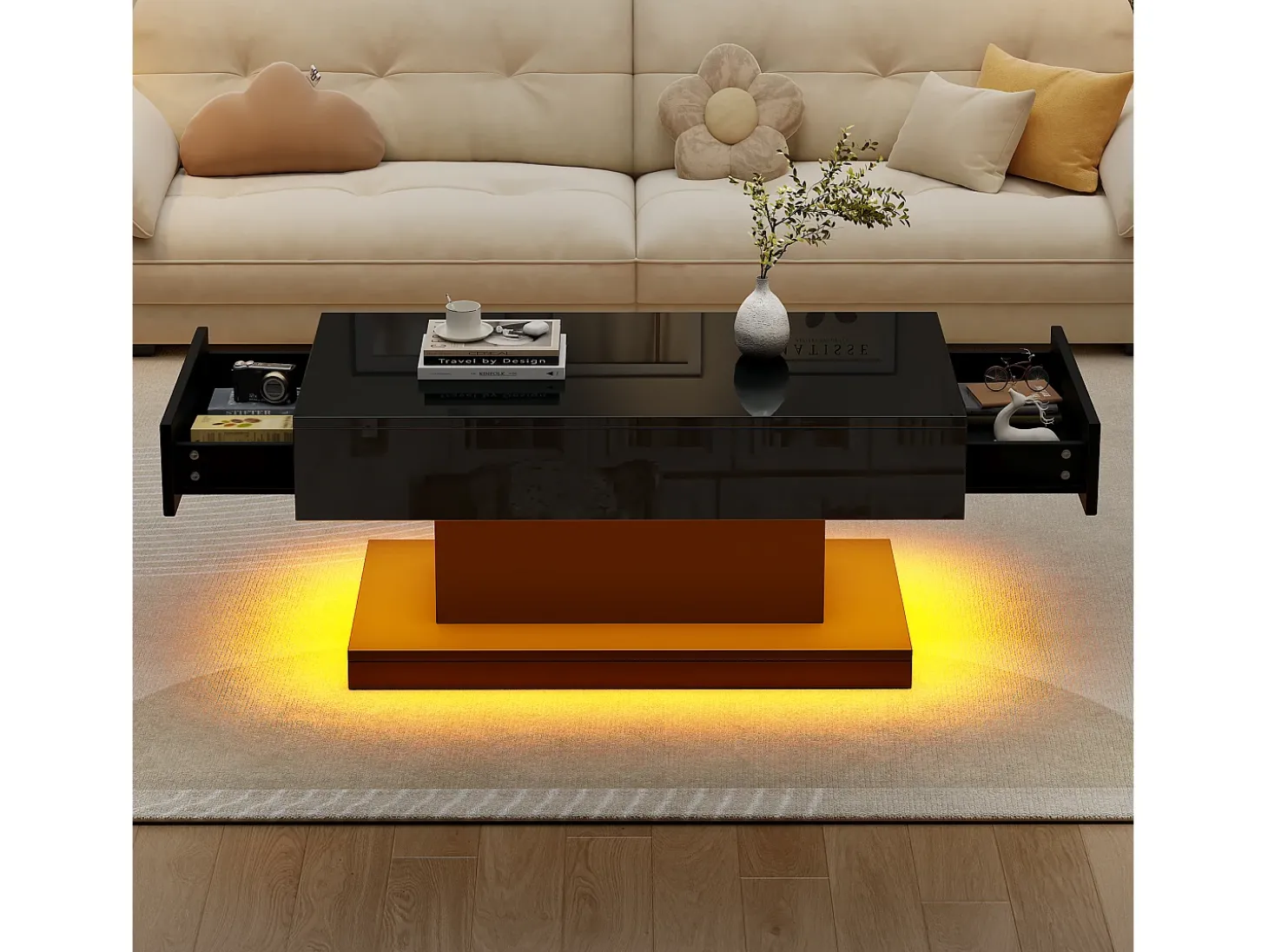 Mesa de centro com 2 gavetas e iluminação LED - Acabamento brilhante - Preto