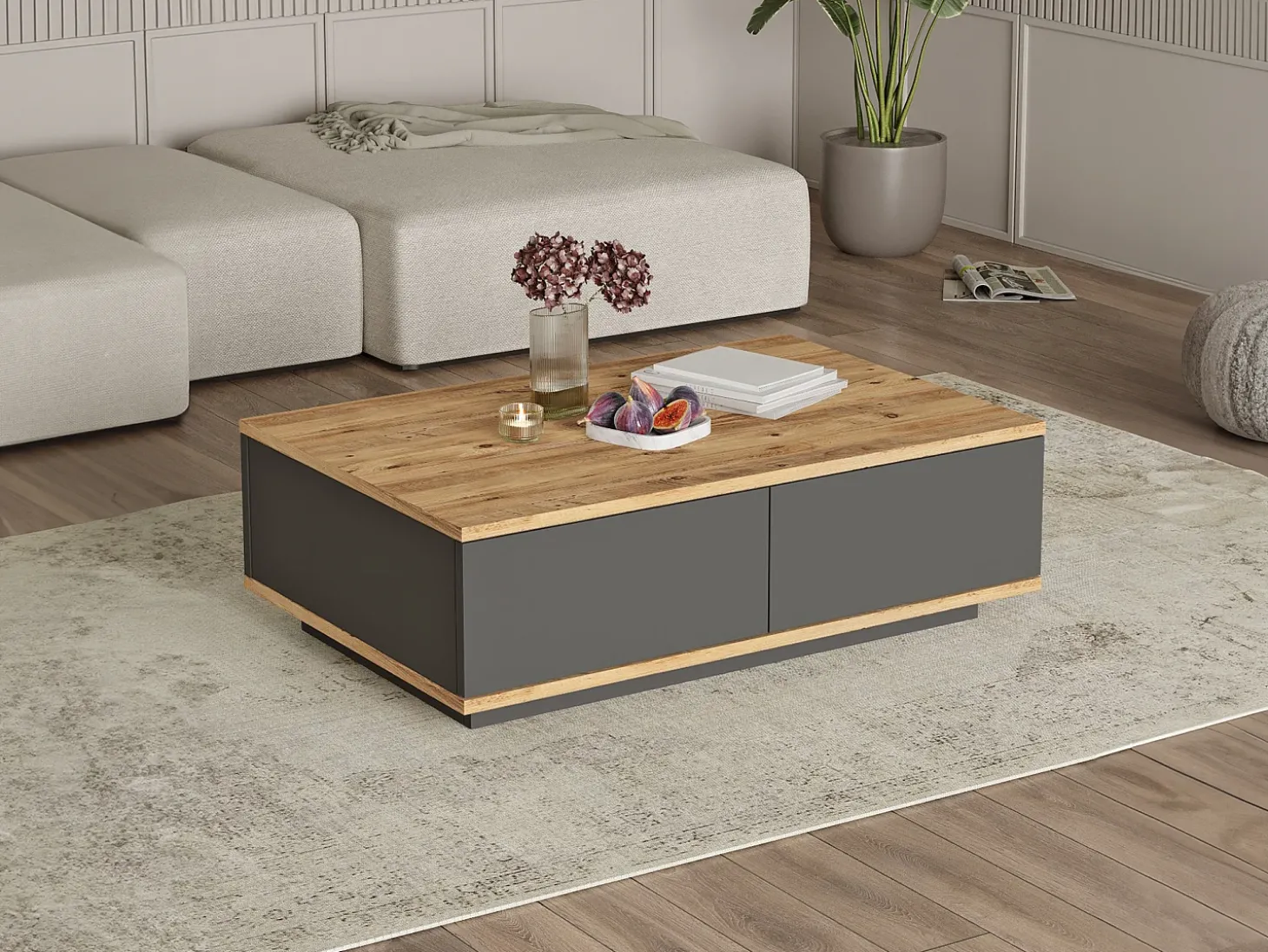 Mesa de centro com 2 portas - Natural Claro e Antracite - LOTULA