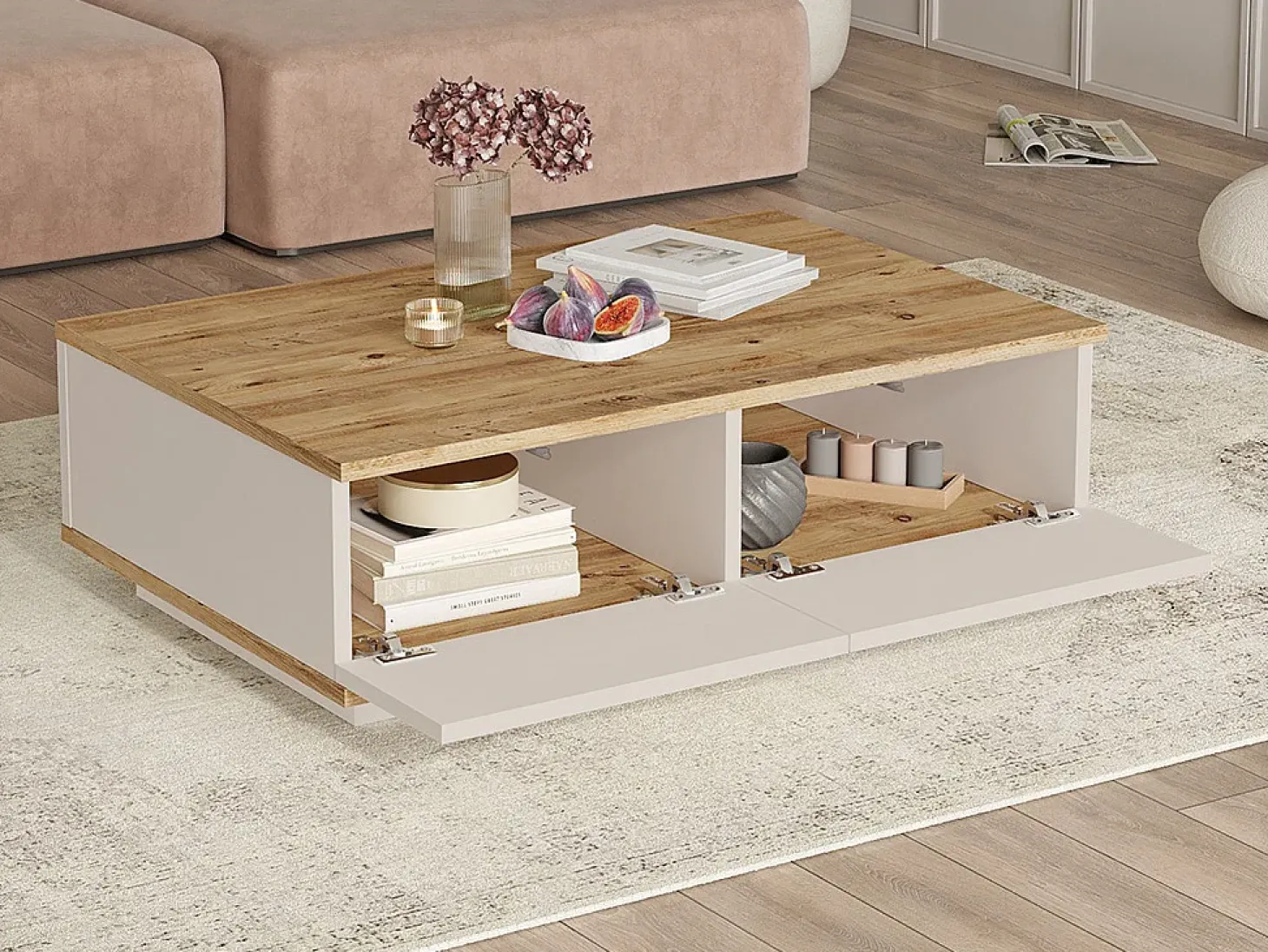Mesa de centro com 2 portas - Natural e Bege - LOTULA